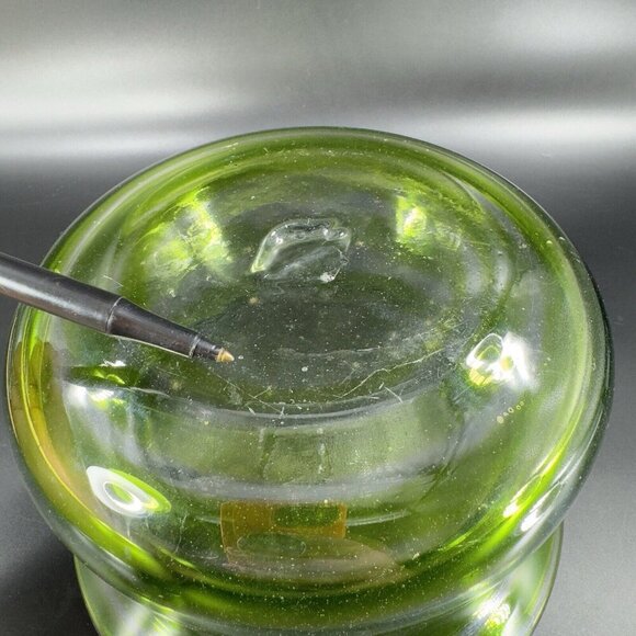 Blenko Art Glass Bowl Planter Flower Pot Hand Blown Green Clear Lines Round Vtg - Picture 6 of 16
